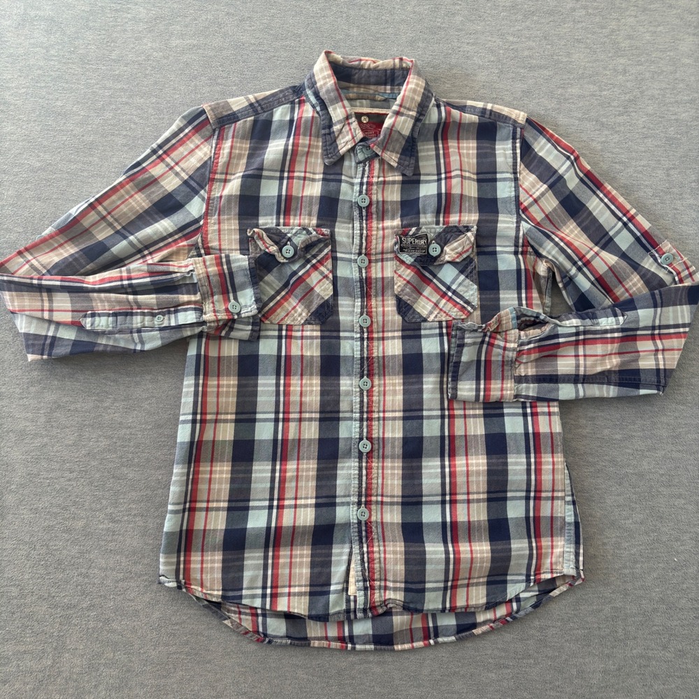 Superdry Co Mens Plaid Button Down Shirt Blue Red Long Sleeve MS4AE03F Large - Picture 2 of 9